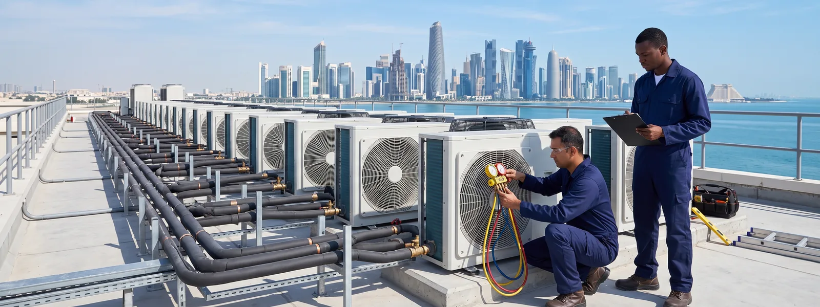 Rooftop VRF outdoor units being checked by a Mishka technician