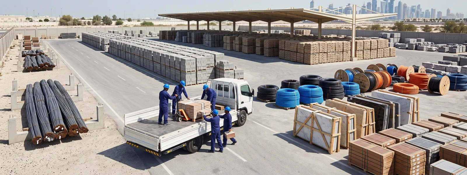 Building materials yard with blocks, steel, cement, tiles and cable