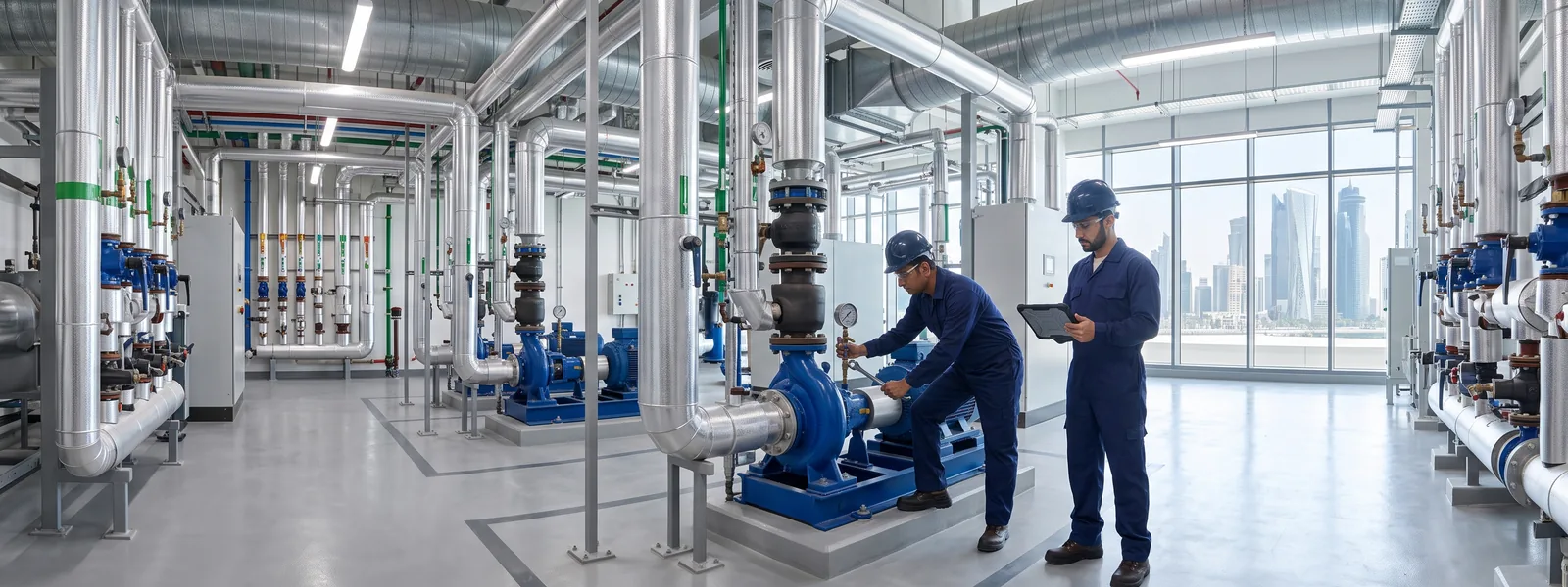 Technicians performing scheduled maintenance in a mechanical plant room